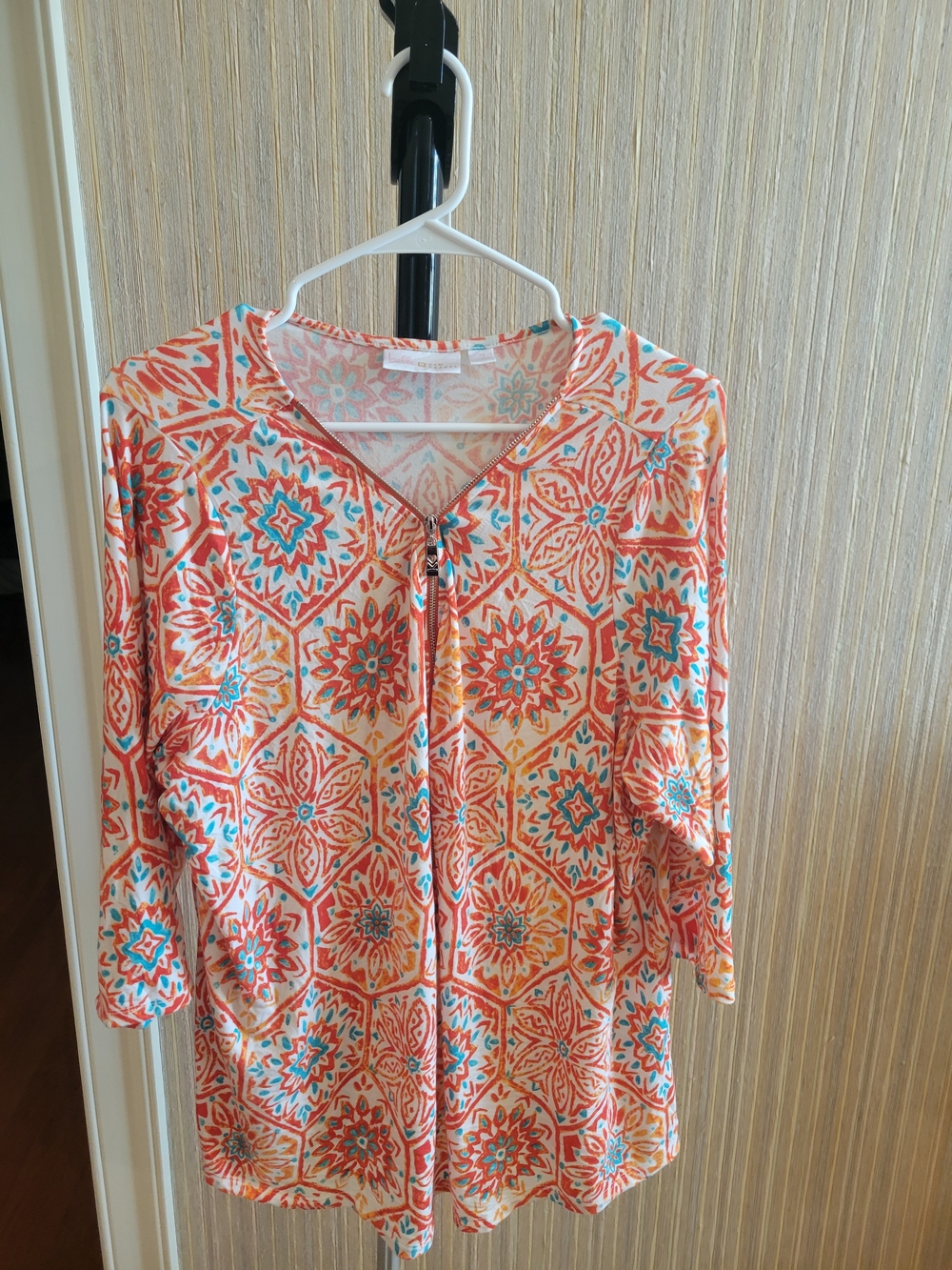 Belle by Kim Gravel Orange and Teal Geometric Floral Zip Tunic 1X